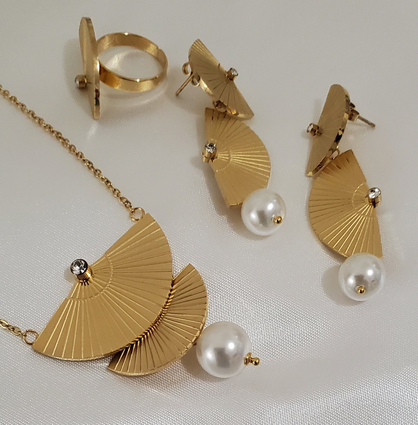 Set de Collar Doble Abanico Perla