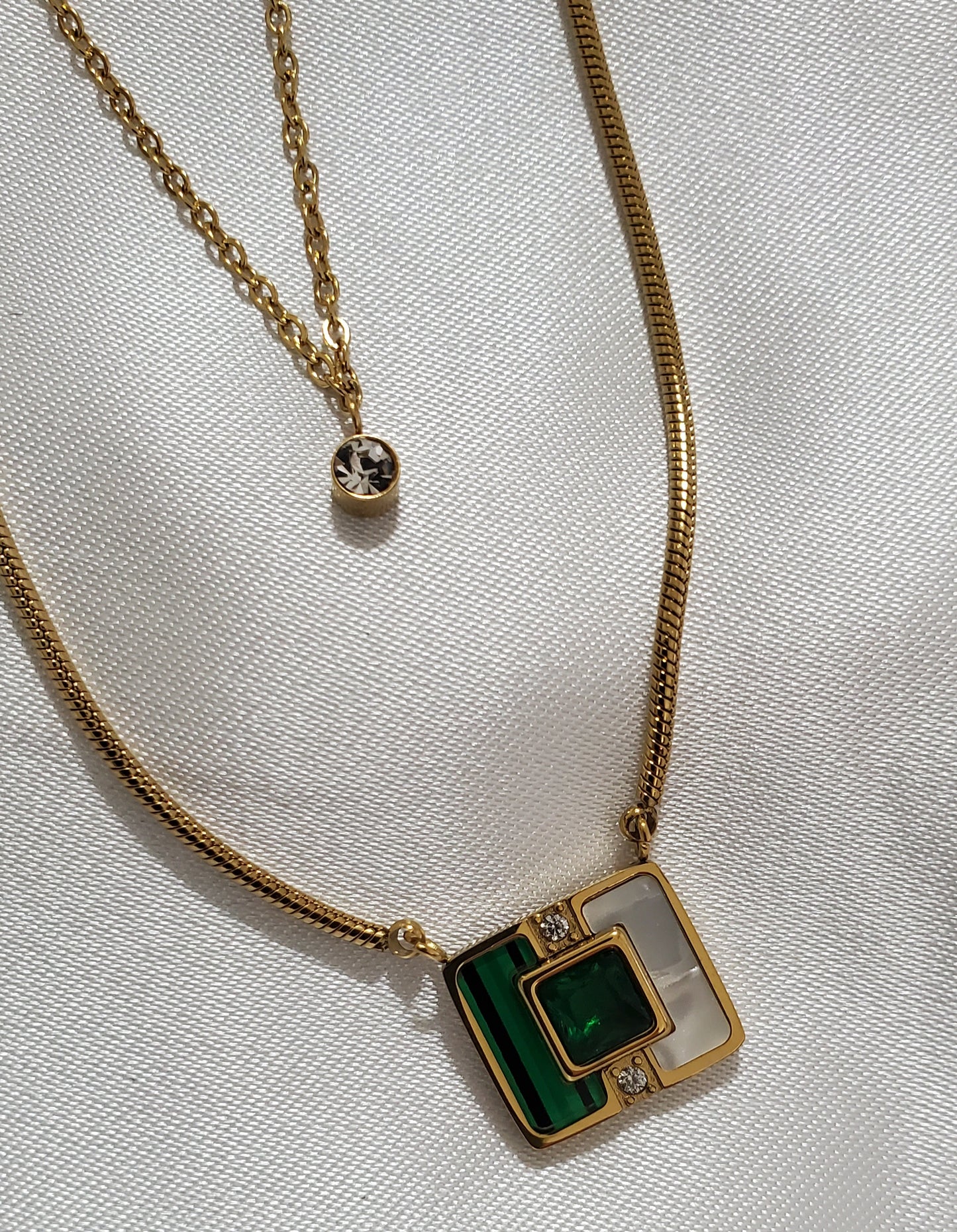 18K Gold Plated Stainless Steel Doble Chain Green Pendant Necklaces
