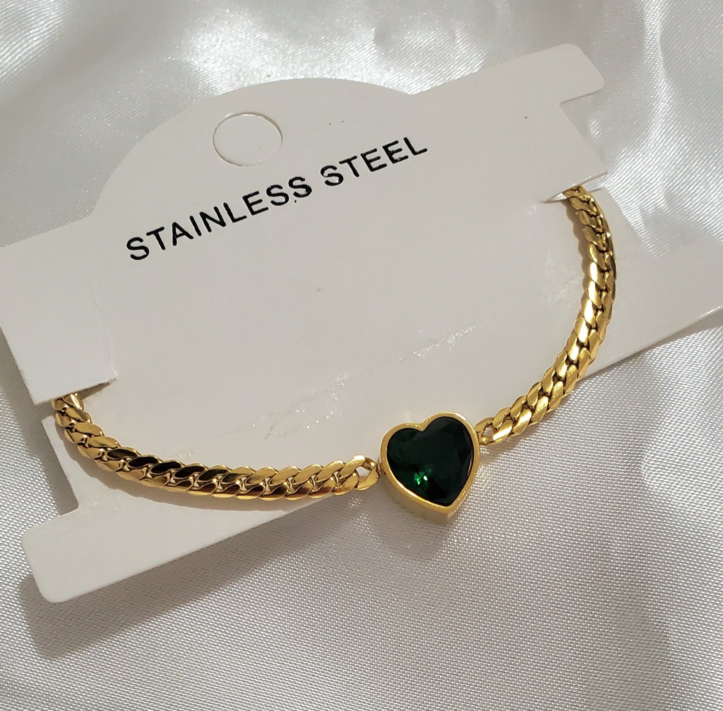 18K Gold Plated Green Zircon Heart Bracelet – Dainty Love Charm Jewelry Gift