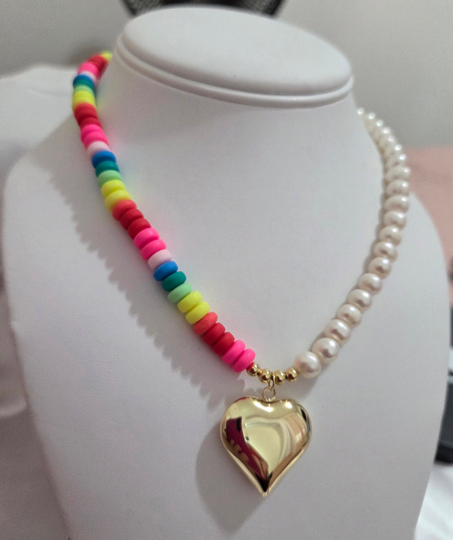 Colorful Heishi Bead Necklace with Real Pearl & Heart Pendant