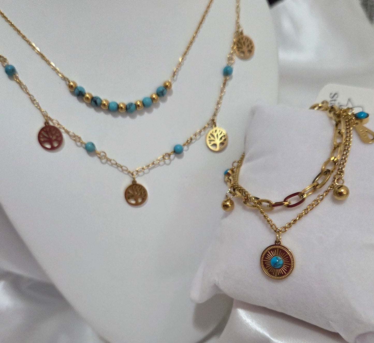Stainless Steel Tree of Life Necklace and bracelet Set in Turquoise