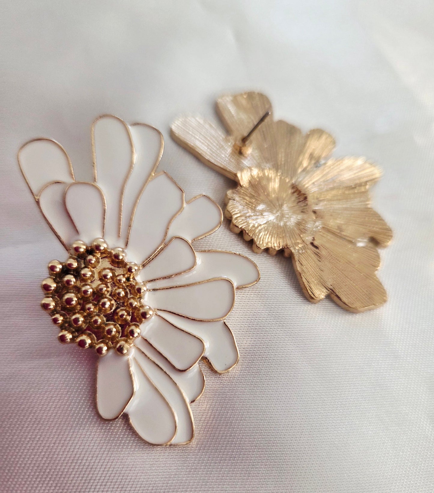 Gold White Flower Petal Enamel Statement Stud Earrings