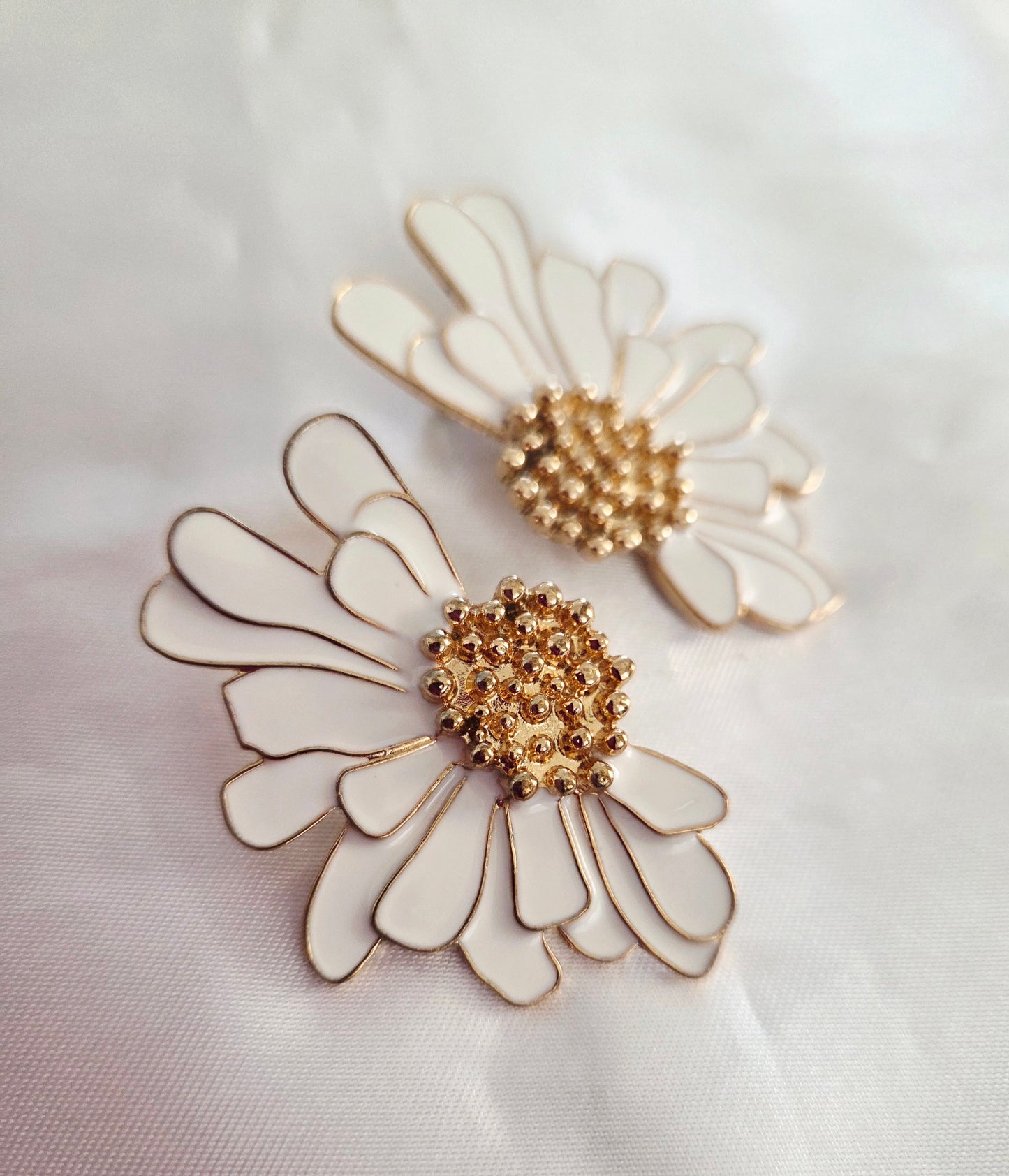 Gold White Flower Petal Enamel Statement Stud Earrings