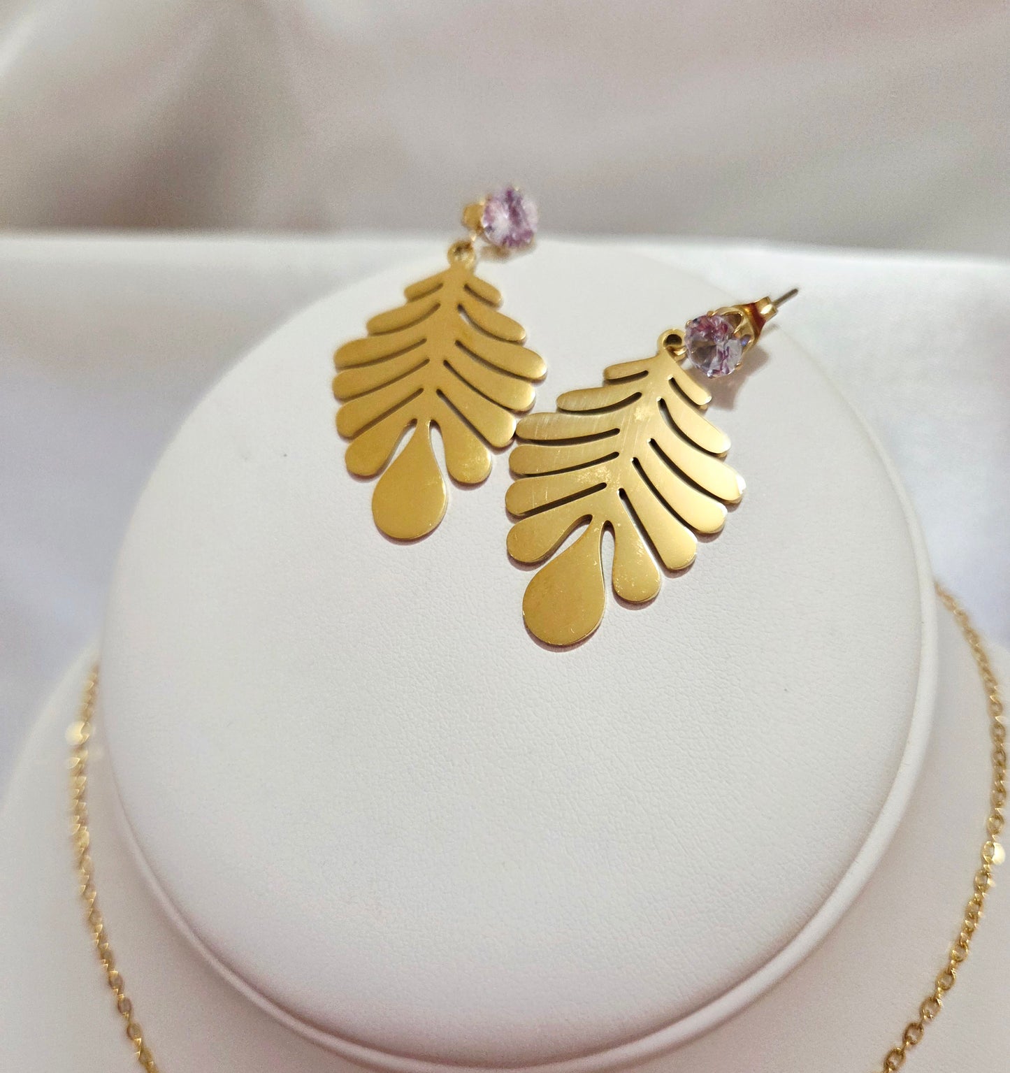 18K Gold Plated Leaf Rhinestone Earrings