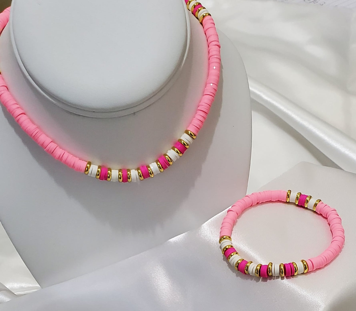 18K Gold Plated Heishi Beads Choker & Bracelet Set – Summer Polymer Clay Jewelry