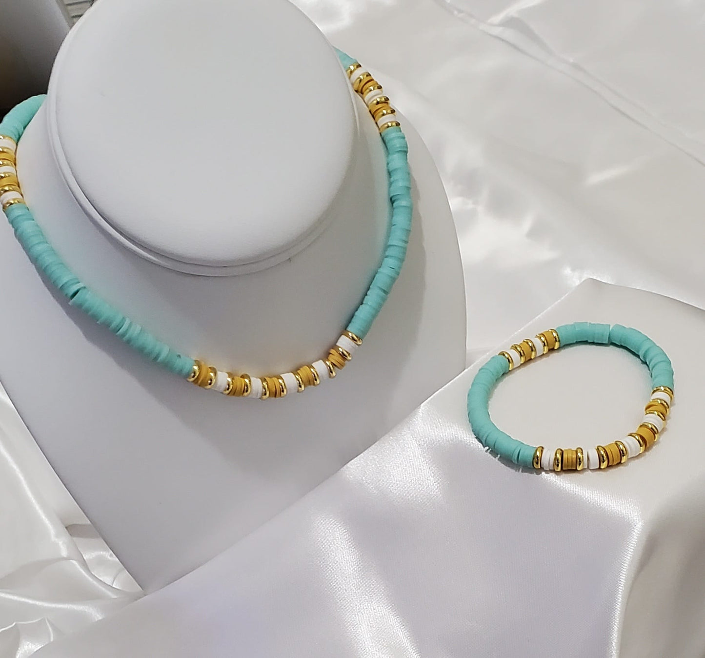 18K Gold Plated Heishi Beads Choker & Bracelet Set – Summer Polymer Clay Jewelry