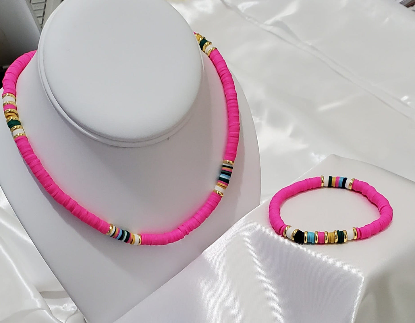 18K Gold Plated Heishi Beads Choker & Bracelet Set – Summer Polymer Clay Jewelry