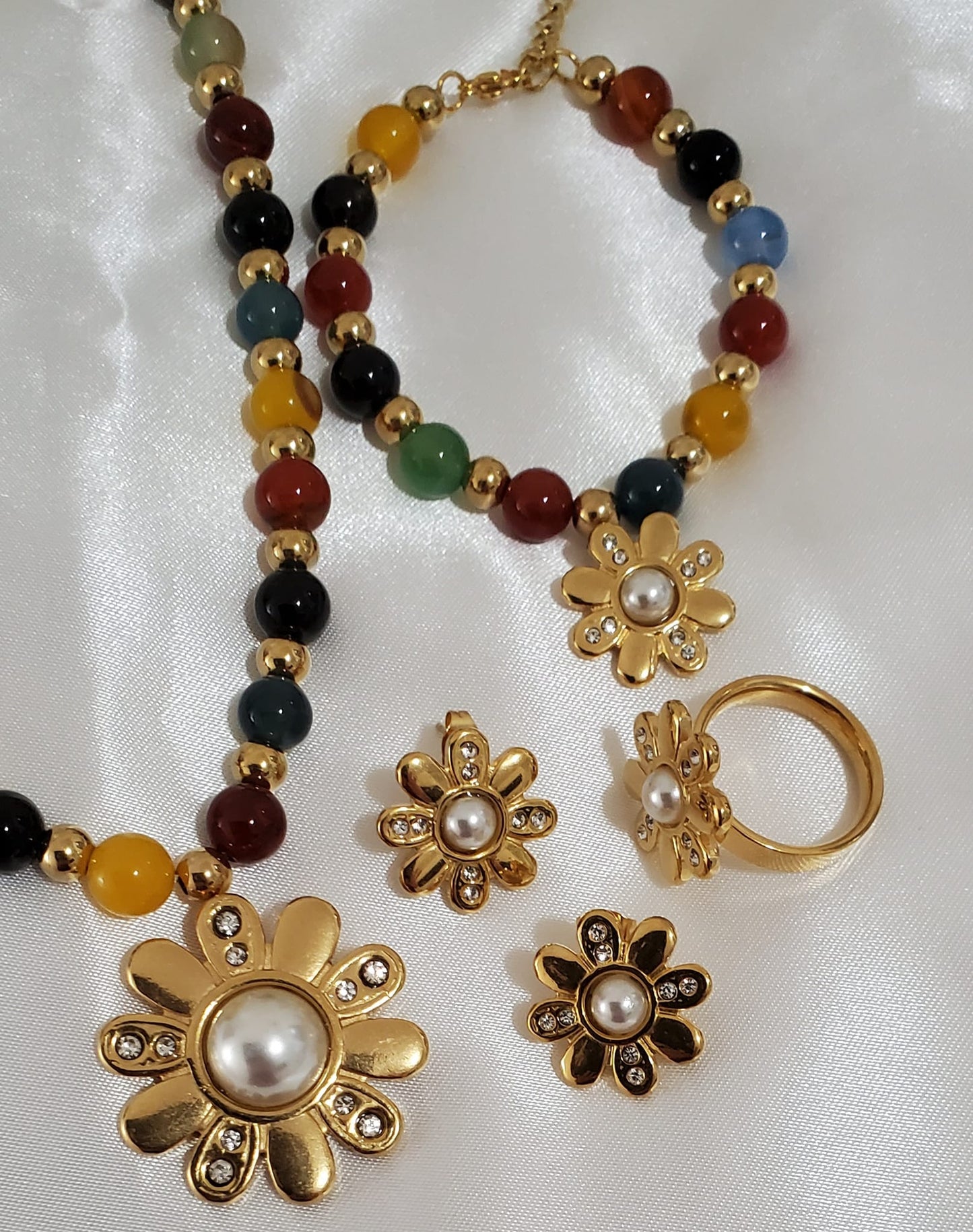 Set de Collar Perlas Semi-Preciosas Multi Flor