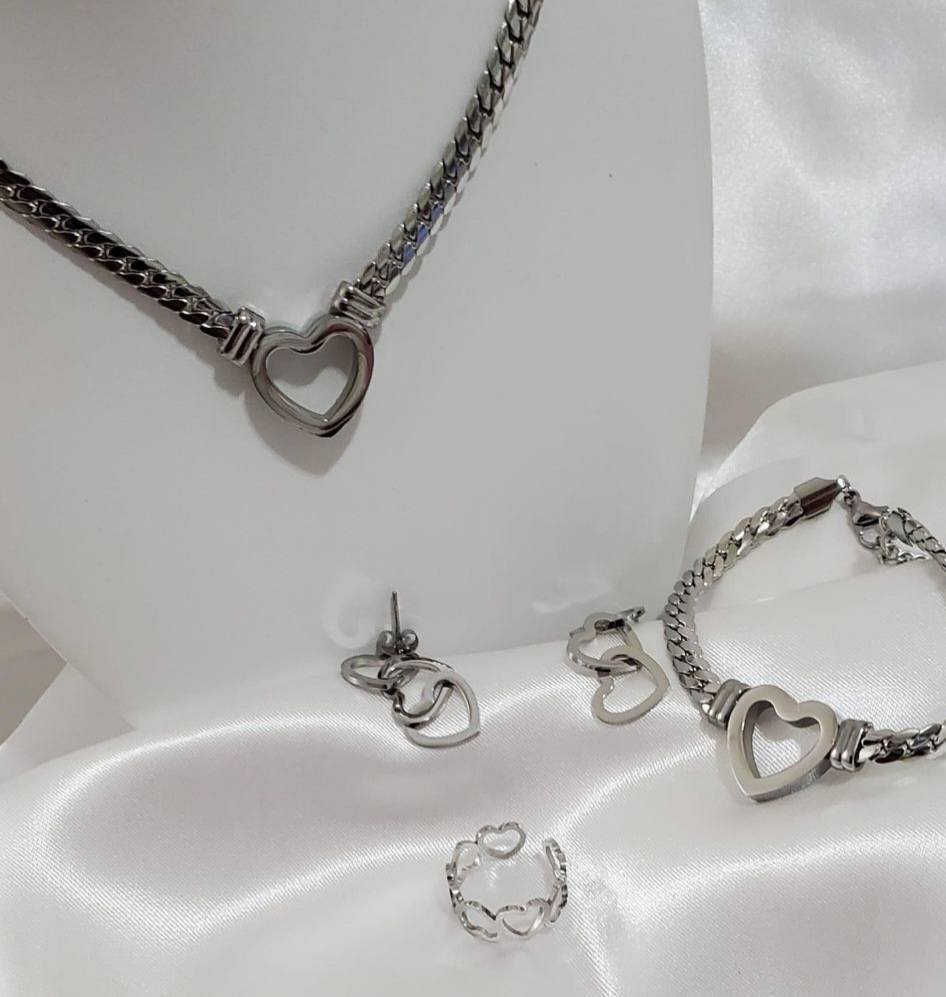 18K Gold Plateds Stainless Steel Cuban Chain Heart Jewelry Set