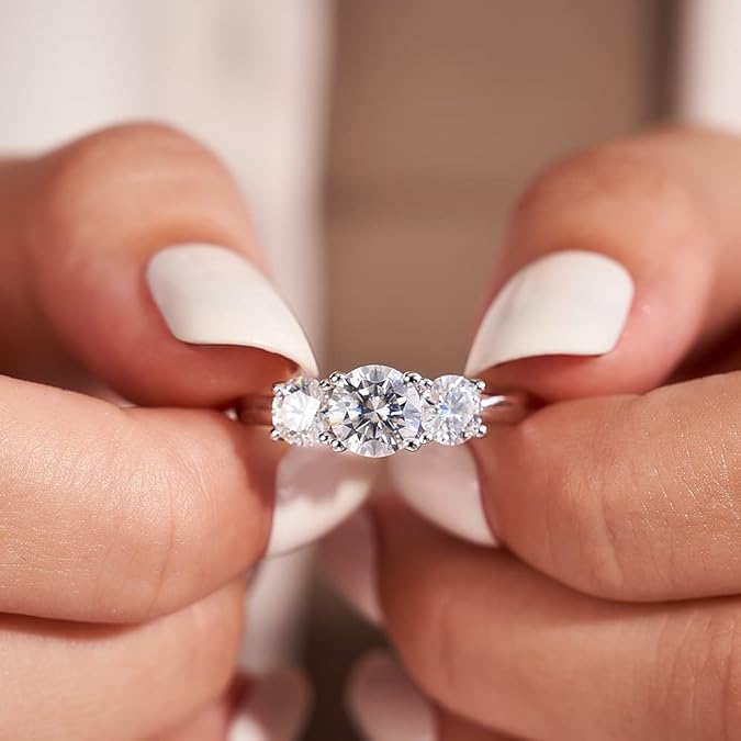 Womens Lab Created White Moissanite Sterling Silver 3-Stone Engagement Ring