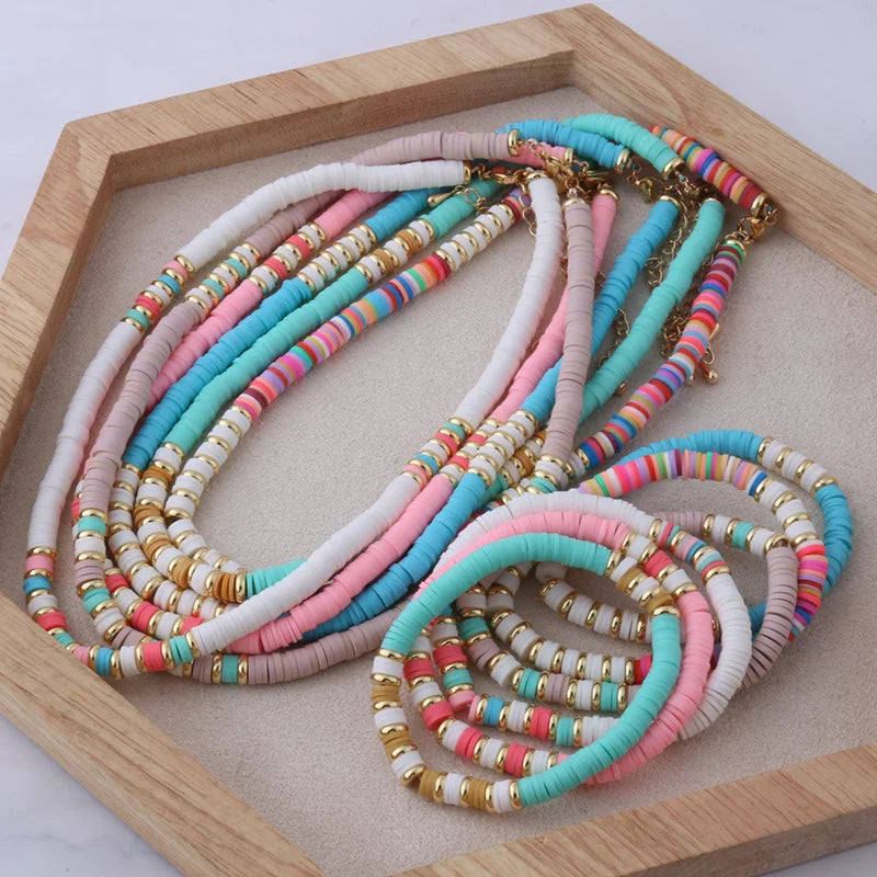 18K Gold Plated Heishi Beads Choker & Bracelet Set – Summer Polymer Clay Jewelry
