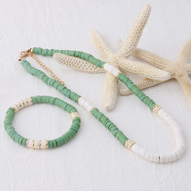 18K Gold Plated Heishi Beads Choker & Bracelet Set – Summer Polymer Clay Jewelry