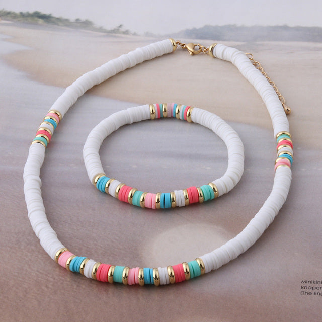 18K Gold Plated Heishi Beads Choker & Bracelet Set – Summer Polymer Clay Jewelry