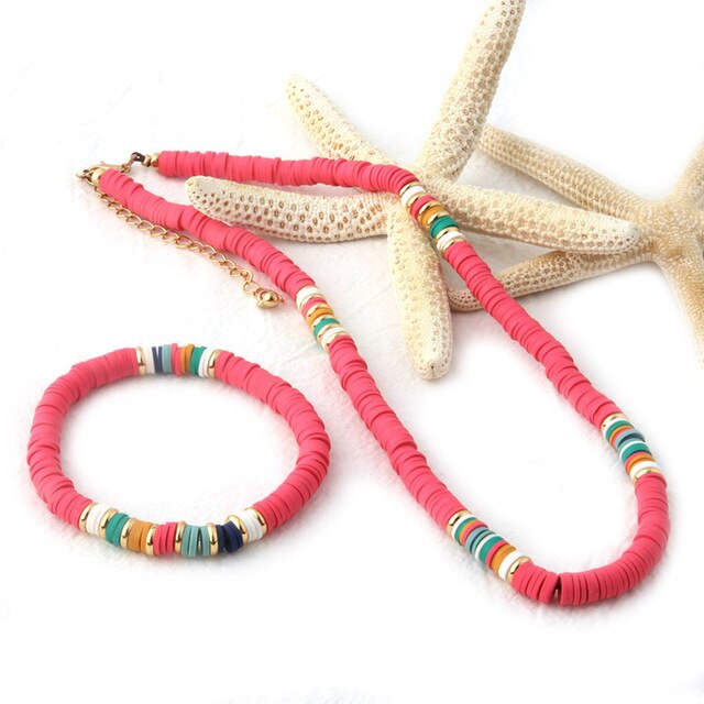 18K Gold Plated Heishi Beads Choker & Bracelet Set – Summer Polymer Clay Jewelry