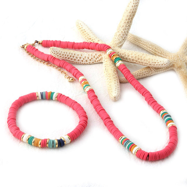 18K Gold Plated Heishi Beads Choker & Bracelet Set – Summer Polymer Clay Jewelry