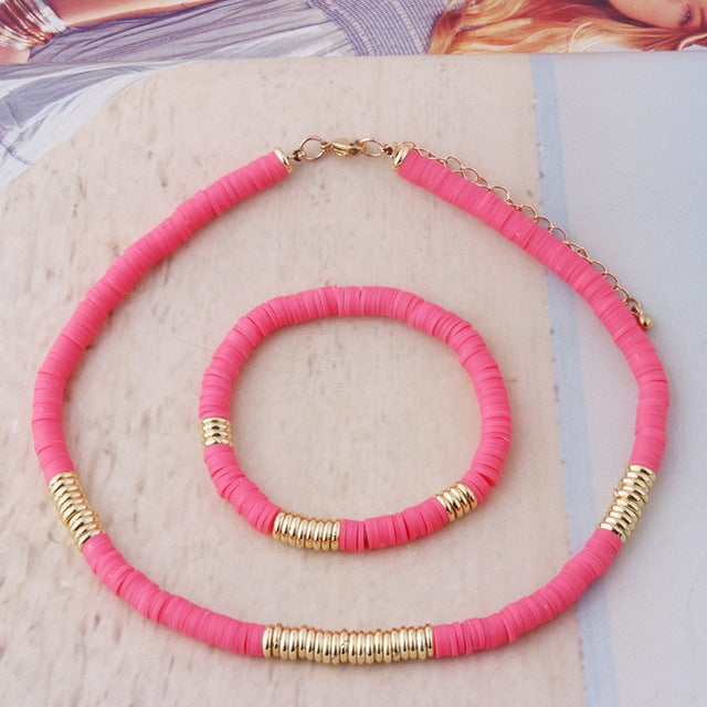 18K Gold Plated Heishi Beads Choker & Bracelet Set – Summer Polymer Clay Jewelry