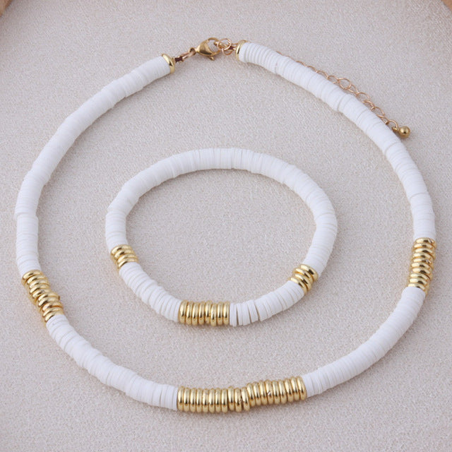 18K Gold Plated Heishi Beads Choker & Bracelet Set – Summer Polymer Clay Jewelry