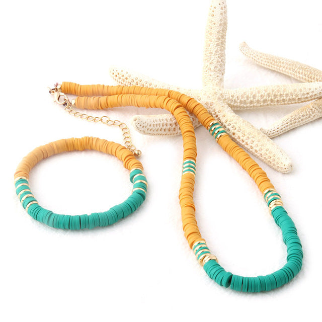 18K Gold Plated Heishi Beads Choker & Bracelet Set – Summer Polymer Clay Jewelry