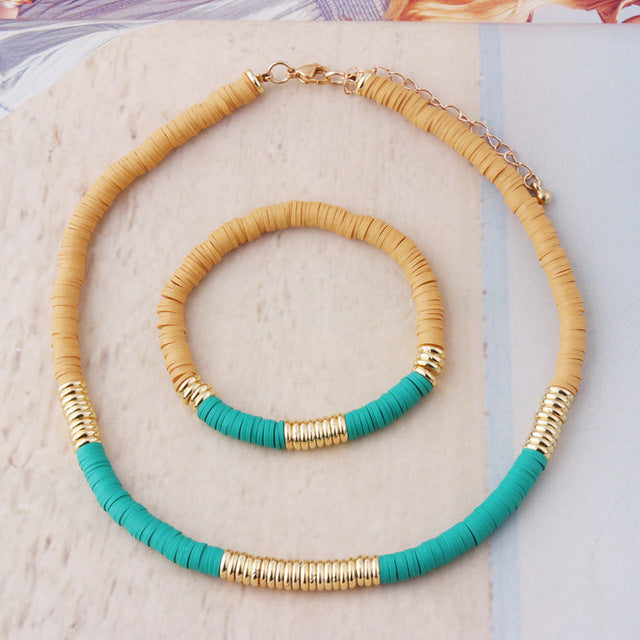18K Gold Plated Heishi Beads Choker & Bracelet Set – Summer Polymer Clay Jewelry