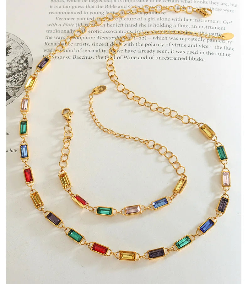 18K Gold Plated Stainless Steel Necklaces & Bracelet Crystal Set