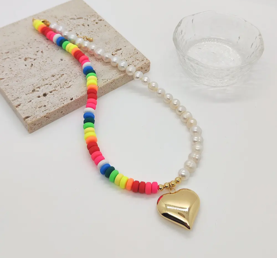 Colorful Heishi Bead Necklace with Real Pearl & Heart Pendant