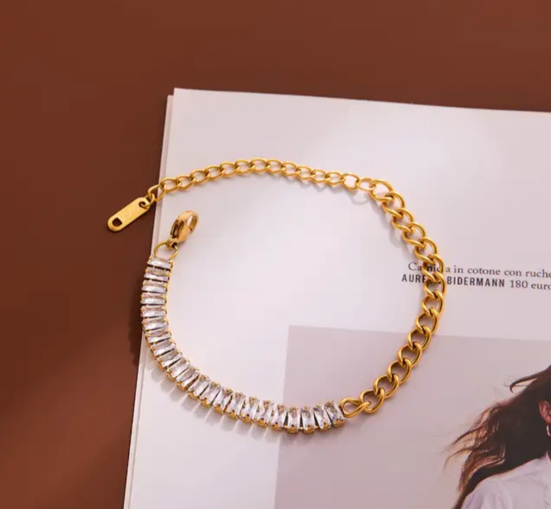 18K Gold Plated Stainless Steel Spliced Chain Bracelet with Diamond Zircon Accents