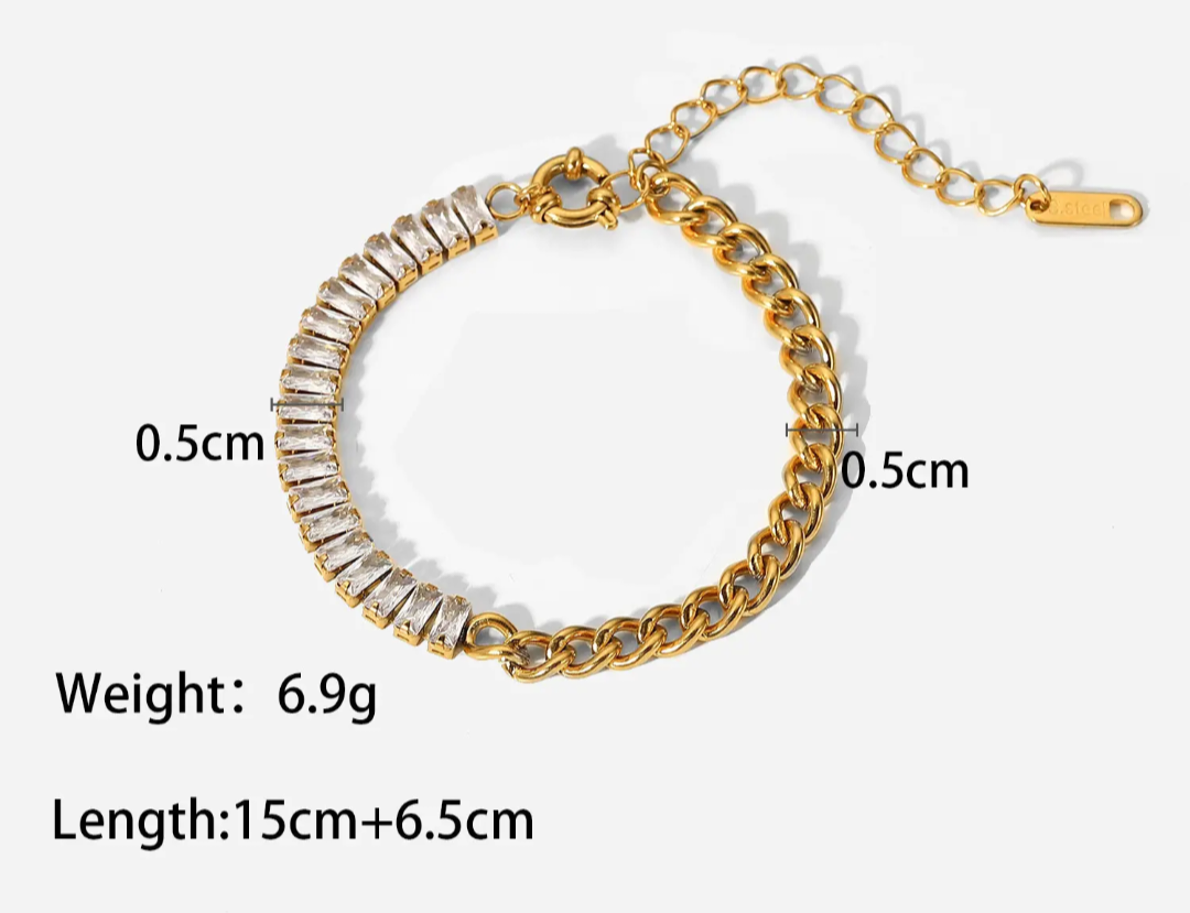18K Gold Plated Stainless Steel Spliced Chain Bracelet with Diamond Zircon Accents