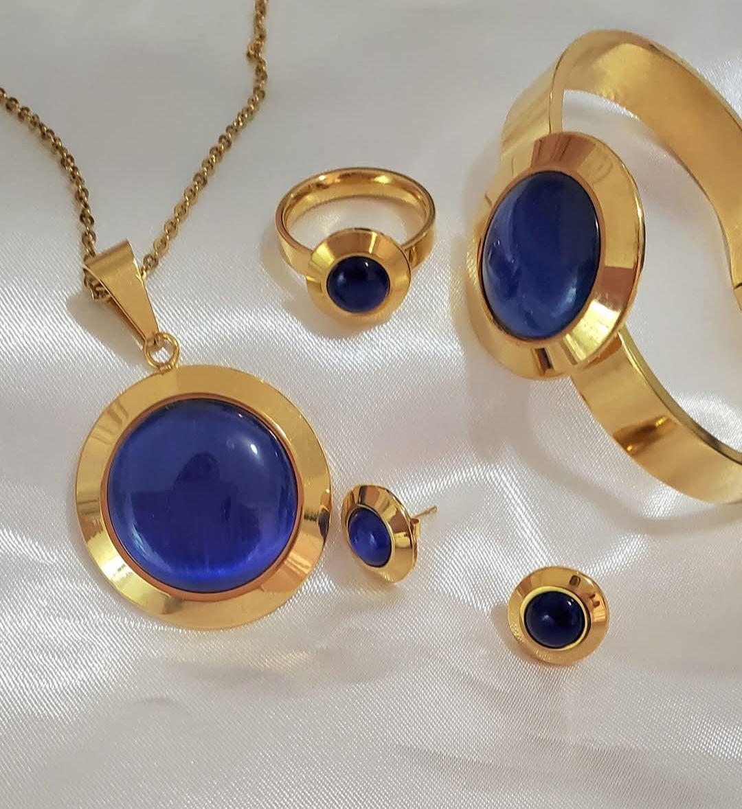 Stainless Steel Gold & Blue Necklaces Jewelry Set