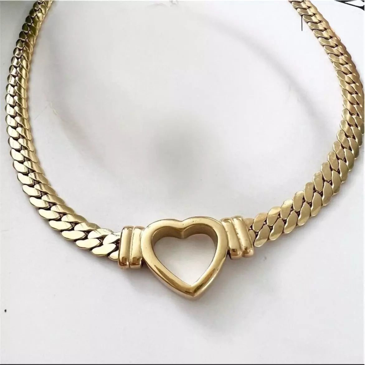 18K Gold Plated Heart Cuban Chain Necklace Stainless Steel