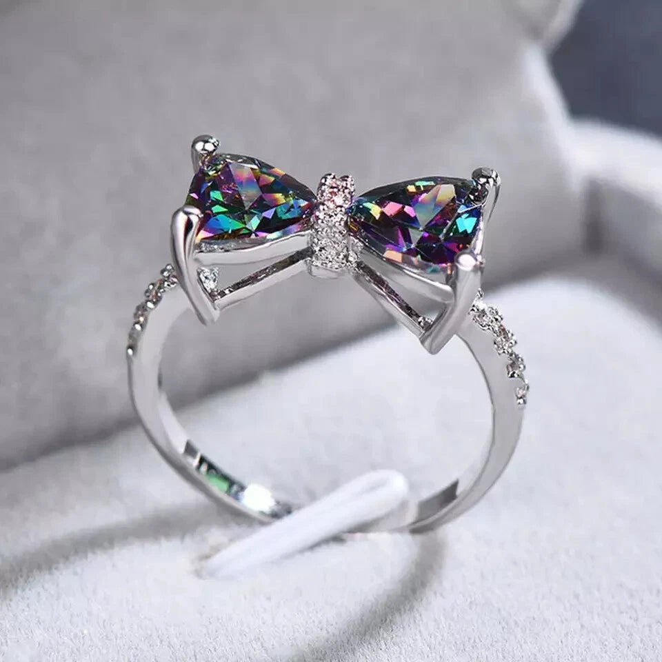 925 Sterling Silver White Gold Plated Bow Ring – Crystal Zircon