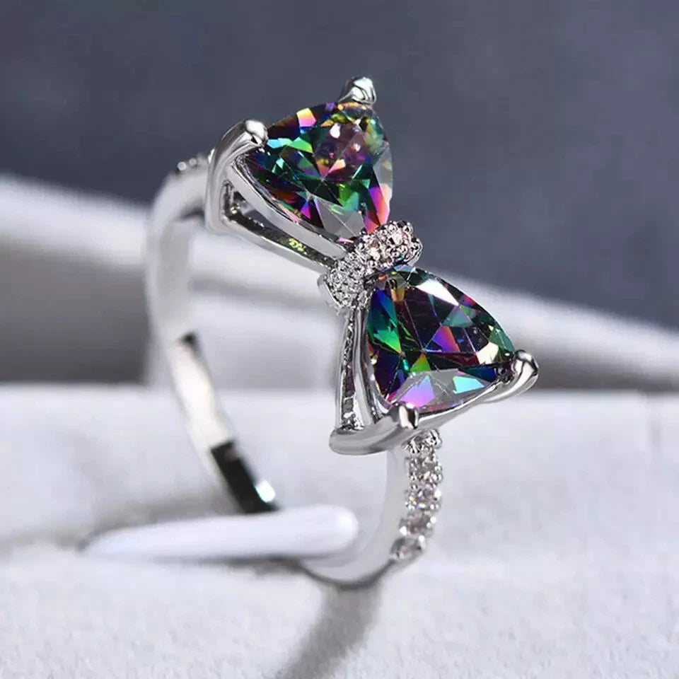 925 Sterling Silver White Gold Plated Bow Ring – Crystal Zircon