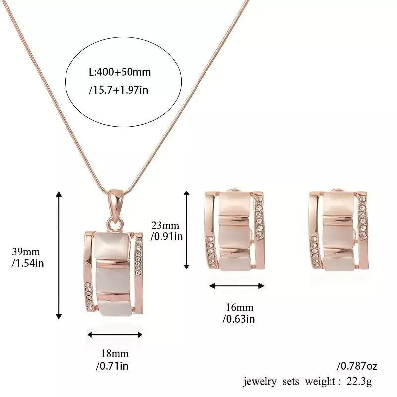 3 PCS Fashion Women Imitation Opal Pendant Necklace Stud Earrings Set Rhinestone