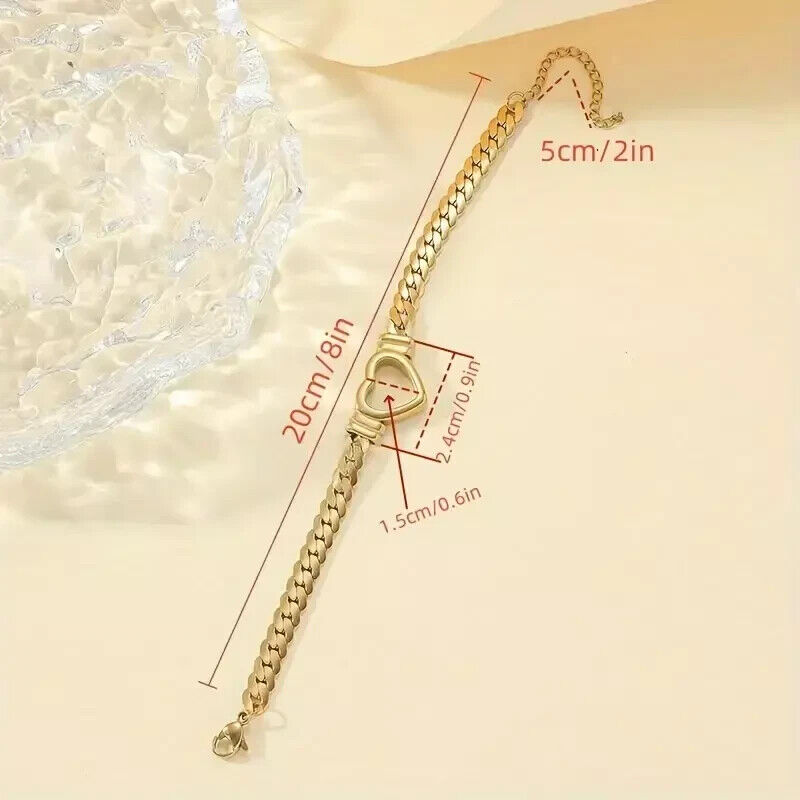 Women Bracelet Heart Set Stainless Steel 18K Gold Plated Cuban Link