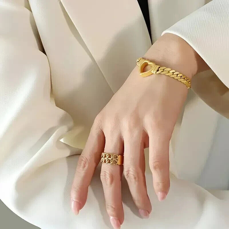 Women Bracelet Heart Set Stainless Steel 18K Gold Plated Cuban Link