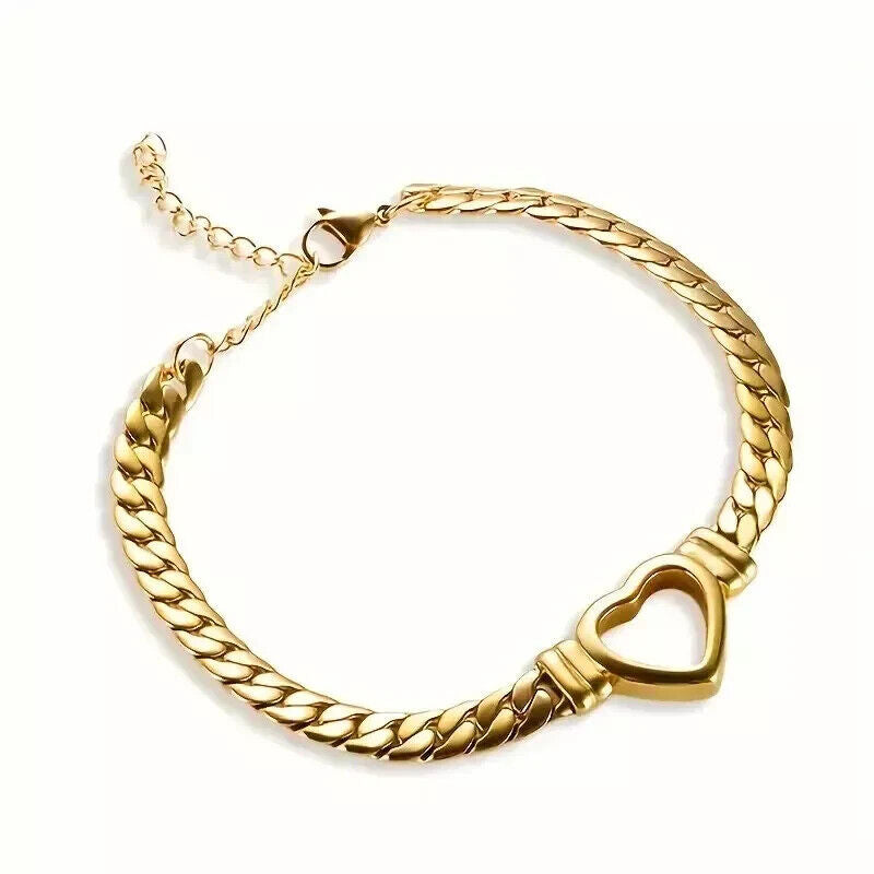 Women Bracelet Heart Set Stainless Steel 18K Gold Plated Cuban Link