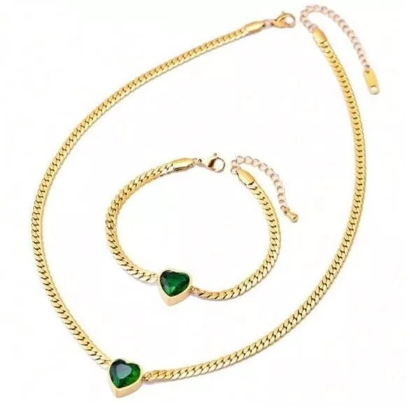 18k Gold Plated Stainless Steel Set Cubic Zirconia Green Heart Necklace & Bracelet
