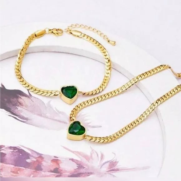 18k Gold Plated Stainless Steel Set Cubic Zirconia Green Heart Necklace & Bracelet