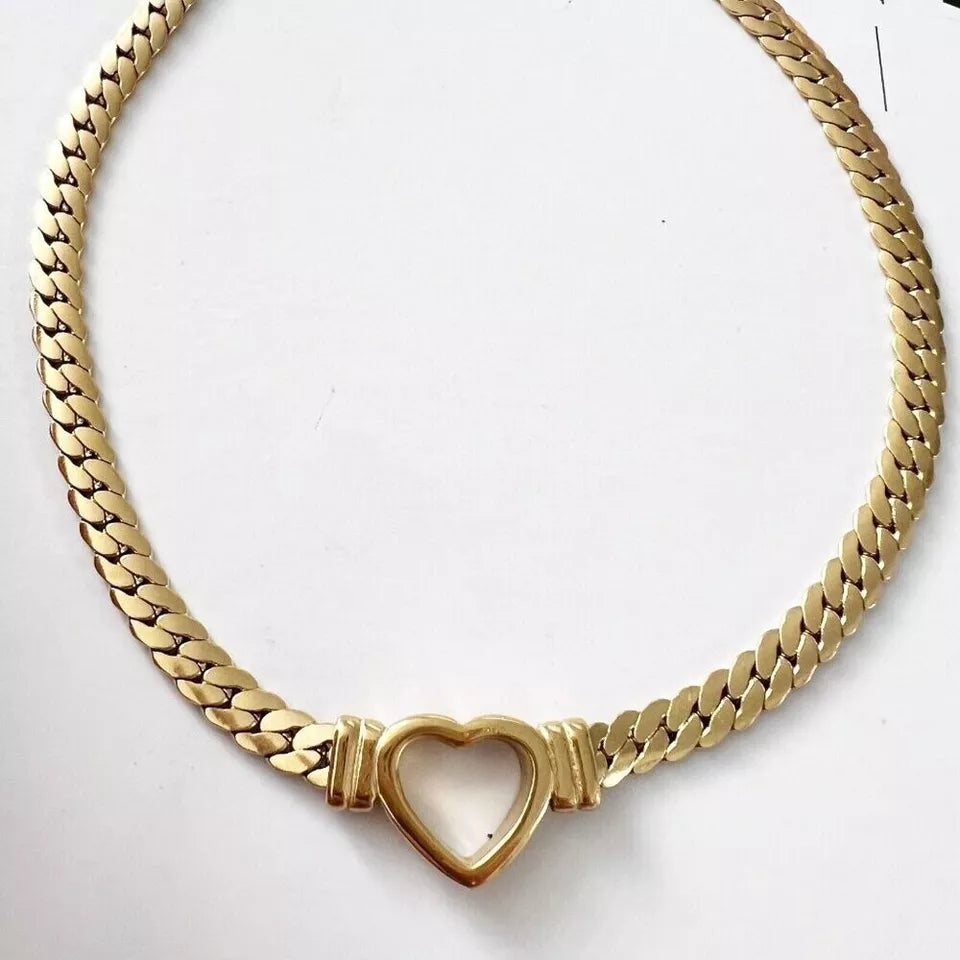 18K Gold Plated Heart Cuban Chain Necklace Stainless Steel