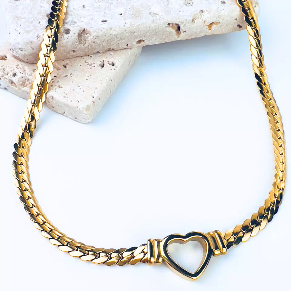 18K Gold Plated Heart Cuban Chain Necklace Stainless Steel