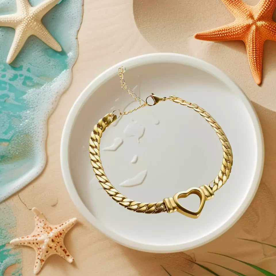 18K Gold Plated Heart Cuban Chain Necklace Stainless Steel