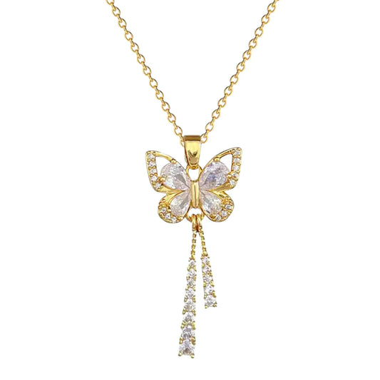 Stainless Steel Gold Plated Butterfly Tassel Necklace