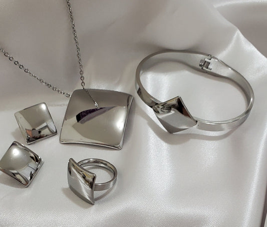 Set Silver Square Necklace Set