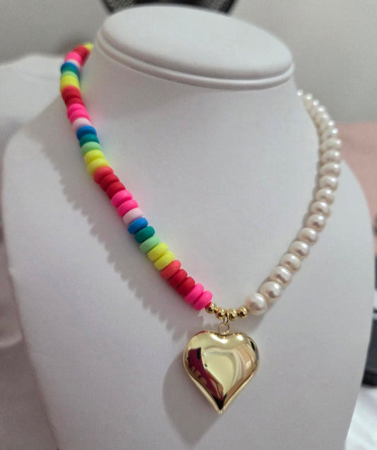 Colorful Heishi Bead Necklace with Real Pearl & Heart Pendant
