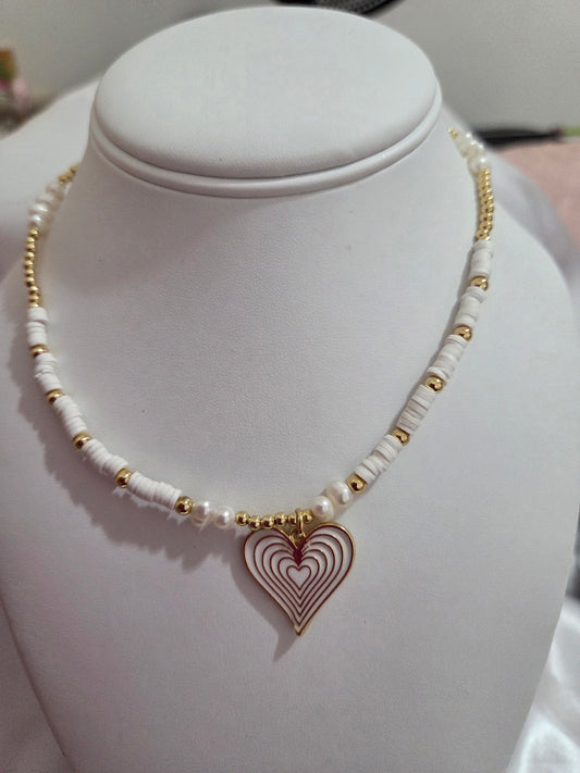 Heart Pendant Necklace Choker – Natural Pearl & Polymer Clay Heishi Beads Jewelry