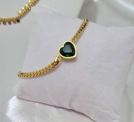 18K Gold Plated Green Zircon Heart Bracelet – Dainty Love Charm Jewelry Gift