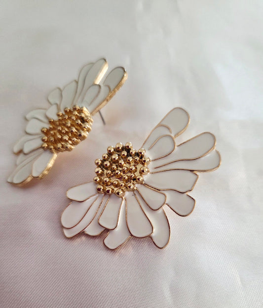 Gold White Flower Petal Enamel Statement Stud Earrings