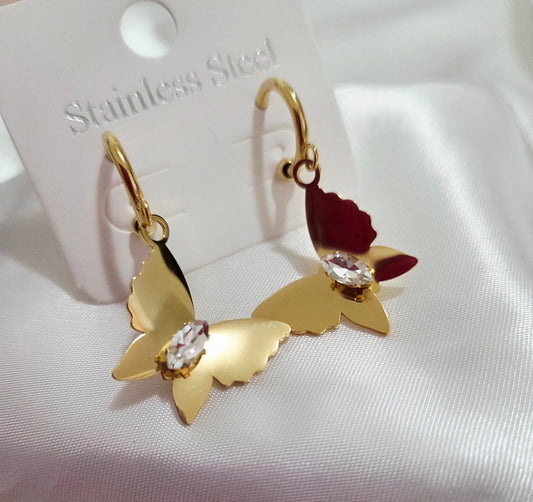 18K Gold Plated Rhinestone Butterfly Stainless Steel Earrings