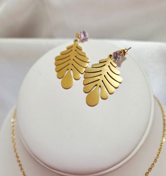 18K Gold Plated Leaf Rhinestone Earrings