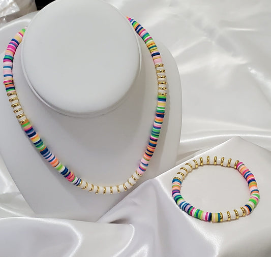 18K Gold Plated Heishi Beads Choker & Bracelet Set – Summer Polymer Clay Jewelry