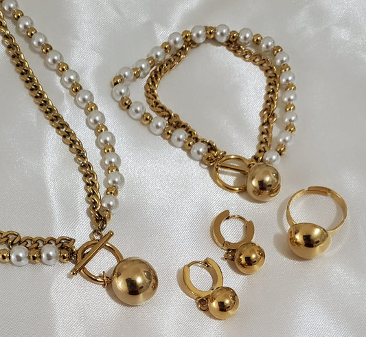 Set de Collar  doble Cadena Esfera Perla Dorado